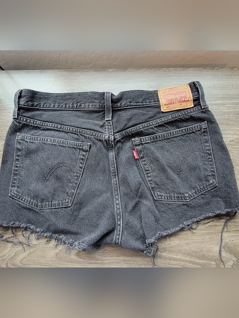 Women's 501 Levi Distressed Black Denim Shorts Size 30 Waist Button Up
